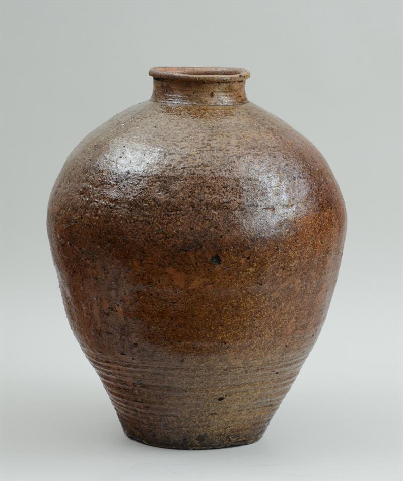 Appraisal: JAPANESE SPECKLED BROWN-GLAZED STONEWARE WATER JAR x in Provenance Naga