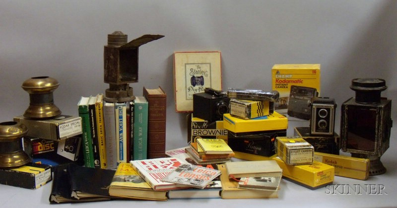 Appraisal: Group of Photographic Equipment and Literature including three tin-bodied darkroom