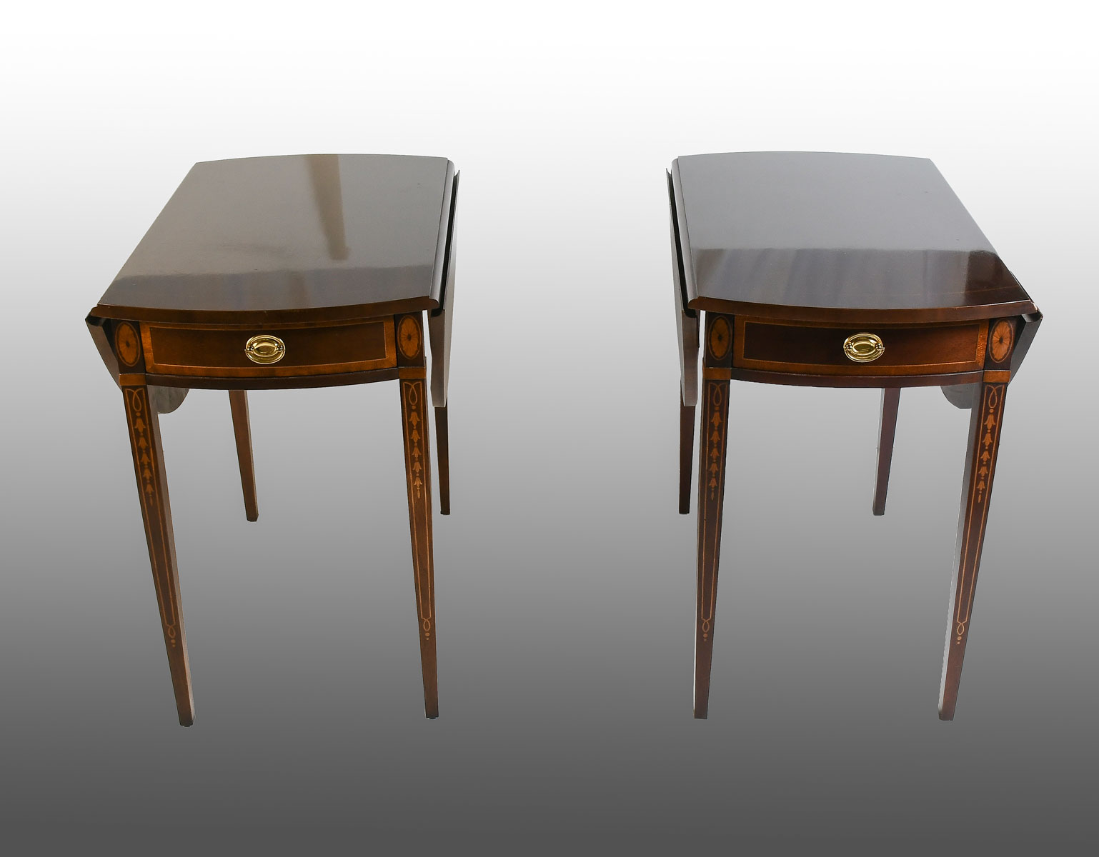 Appraisal: PAIR OF INLAID DROPLEAF SINGLE DRAWER TABLES Pair of modern