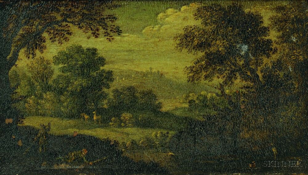 Appraisal: Flemish School th Century Landscape with Figures Animals and Birds