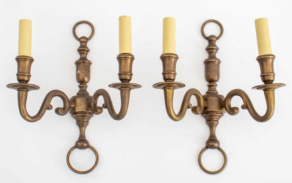 Appraisal: BRASS TWO-ARM WALL SCONCES PAIR Brass two-arm wall sconces unmarked