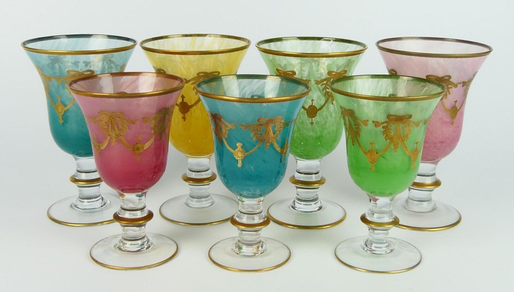 Appraisal: pc RARE COLORED BLOWN GLASSES W PAINTED GARLANDS pc RARE