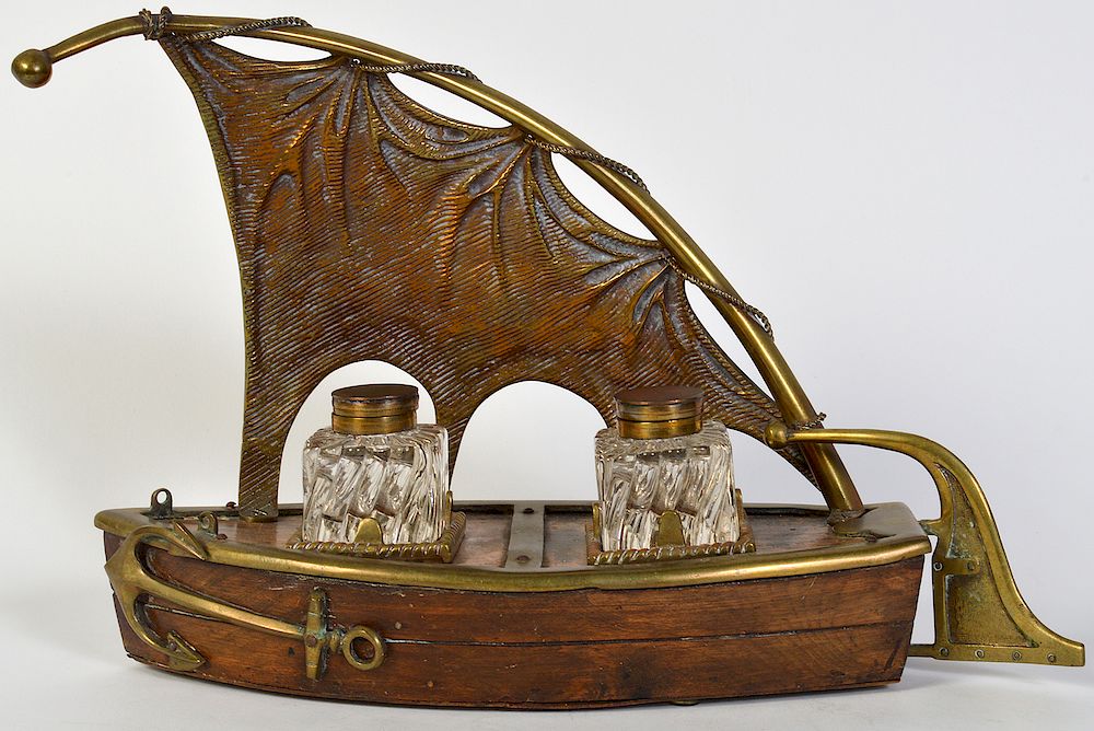 Appraisal: Bronze Wood Sailboat Ink Stand Mid th c Bronze and