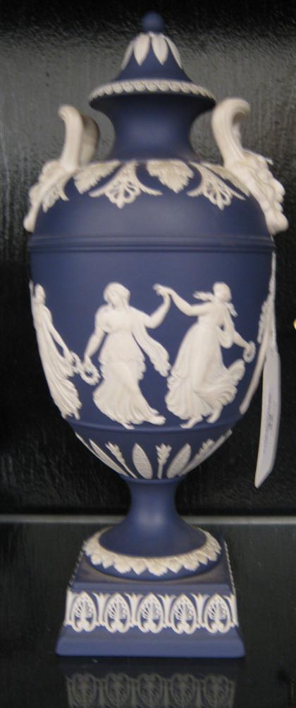 Appraisal: Wedgwood blue twin handled urn with cover H in PROVENANCE