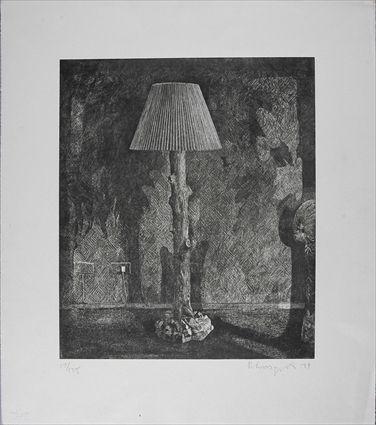 Appraisal: BEN SCHONZEIT b UNTITLED TREE TRUNK WITH LAMPSHADE Lithograph x