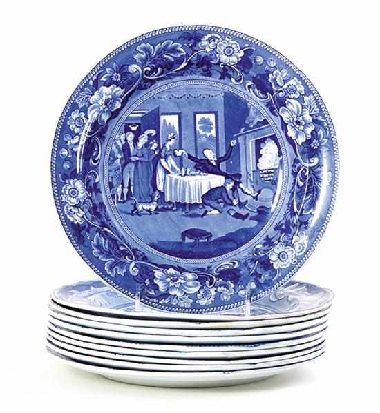 Appraisal: Clews blue-and-white transferware plates th century comprising Doctor Syntax scene