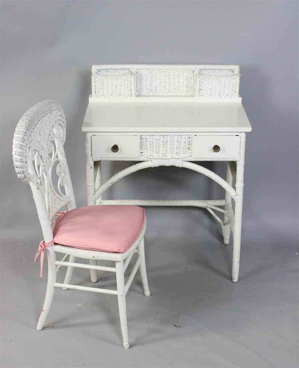 Appraisal: VICTORIAN WHITE WICKER DESK AND SIDE CHAIR the painted top