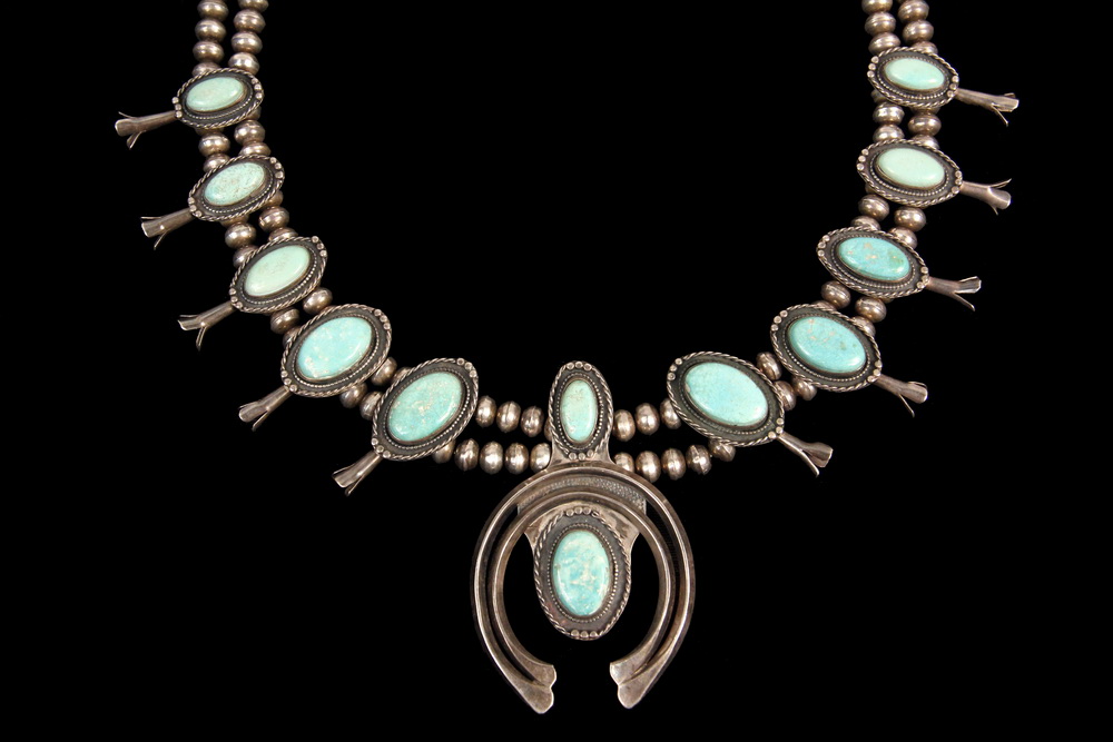 Appraisal: LADY'S NECKLACE - Silver and Turquoise Squash Blossom Necklace with