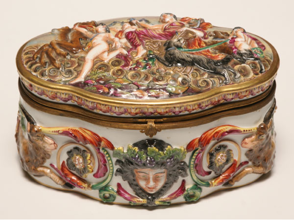 Appraisal: Capo di Monte lidded casket raised heads of rams and