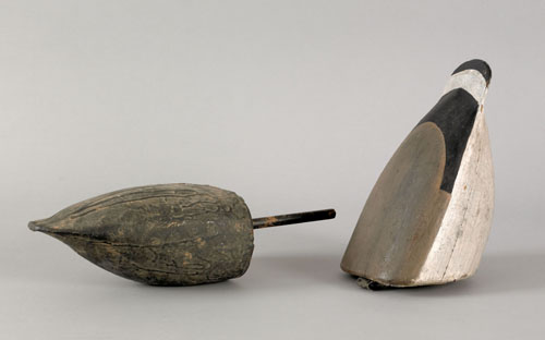 Appraisal: Two tip-up duck decoys th c one brant attributed to