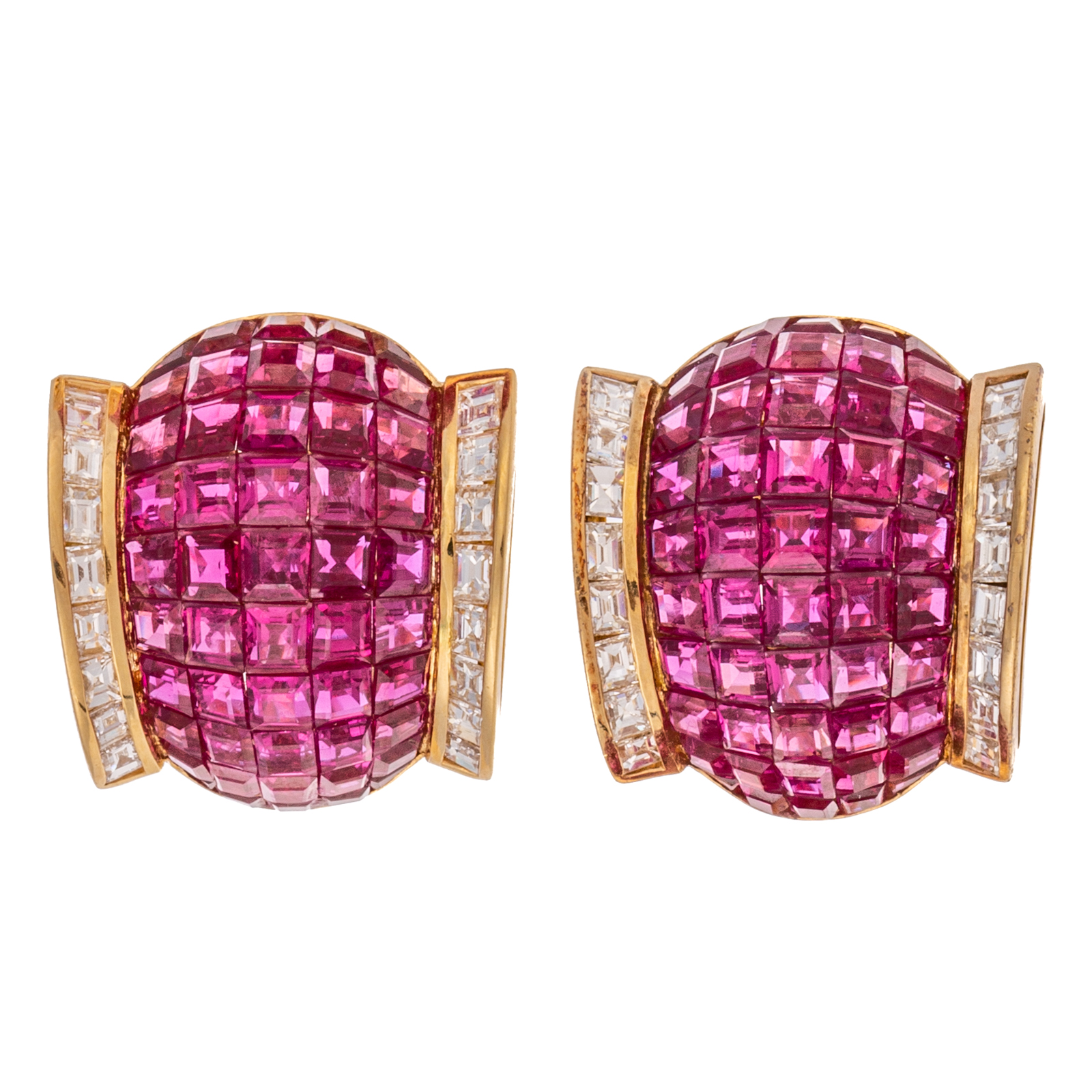 Appraisal: A PAIR OF K INVISIBLY SET RUBY DIAMOND EARRINGS K