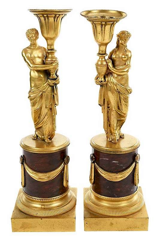 Appraisal: Pair Empire Bronze and Marble Candlesticks French th century gilt