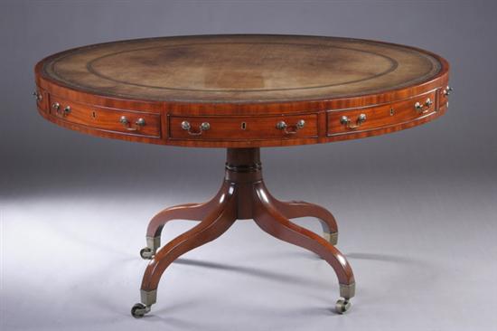 Appraisal: ENGLISH REGENCY MAHOGANY DRUM TABLE th century Inset tooled leather