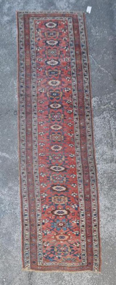 Appraisal: Persian Heriz Runner ' wide ' long Pile wear end