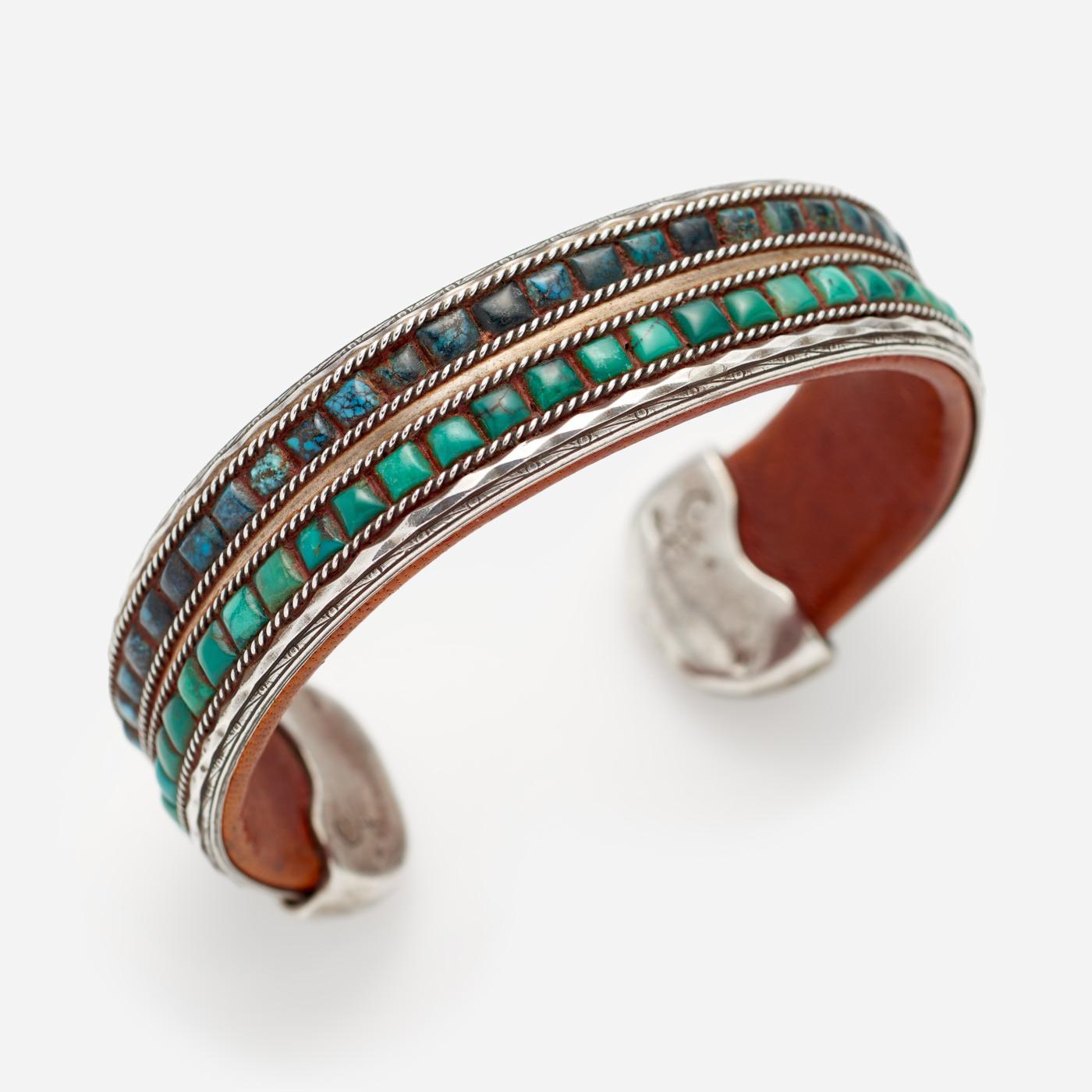 Appraisal: CHARLIE FAVOUR TURQUOISE INLAID CUFF Charlie Favour Arizona b A