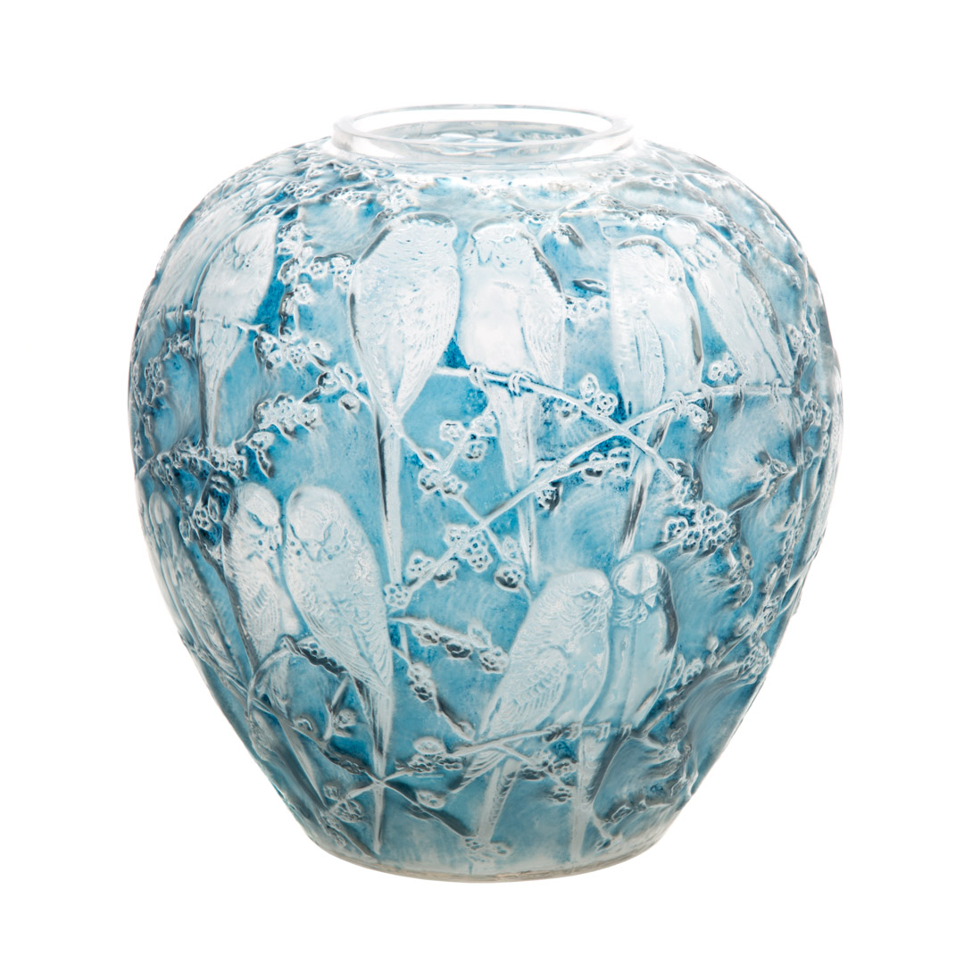 Appraisal: Lalique crystal Perruches vase circa ovoid vase with relief decoration