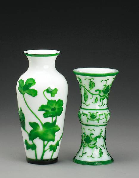 Appraisal: Two white ground Peking glass vases with green overlay decoration