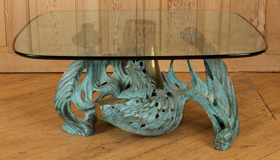 Appraisal: BRONZE GLASS TOP COFFEE TABLE BY BOB BENNETT An abstract