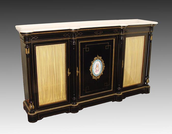 Appraisal: FRENCH EBONY PORCELAIN MOUNTED SIDE CABINET Shaped and polished white