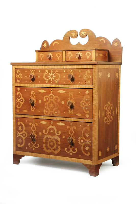 Appraisal: FOLKSY PARQUETRY CHEST OF DRAWERS Probably Midwestern mid th century