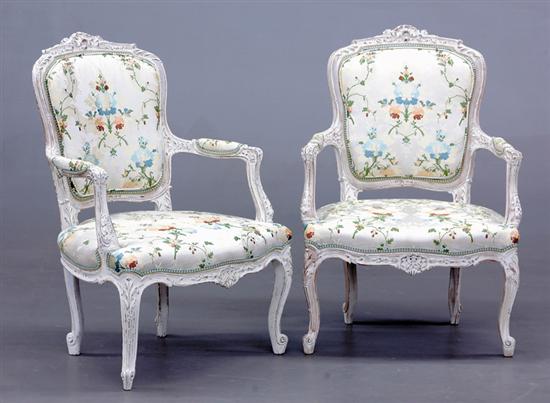 Appraisal: Pair Louis XV style carved and painted fauteuils bead-and-channel frame