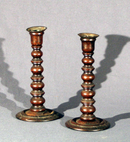 Appraisal: Pair of Victorian Brass Mounted Turned Oak Candlesticks Late th