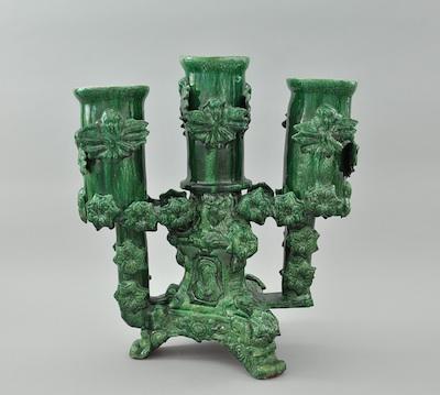 Appraisal: Michoacan Glazed Pottery Candelabrum The rustic candelabrum with vivid green