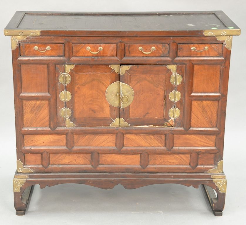 Appraisal: Korean brass mounted hardwood chest on frame th century ht