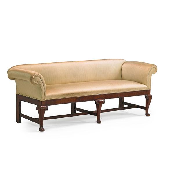 Appraisal: GEORGE II SOFA Mahogany frame silk upholstery stretcher base th