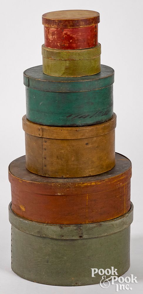 Appraisal: Six painted bentwood pantry boxes th c Six painted bentwood