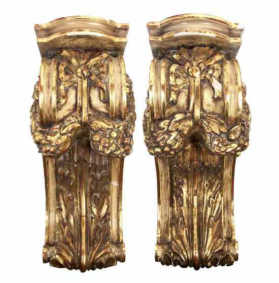 Appraisal: A Pair of Continental Giltwood Wall Brackets each with a