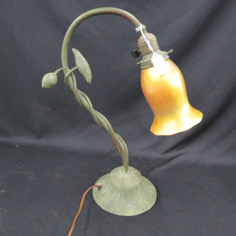 Appraisal: Bronze Gooseneck Lamp with art glass shade oriental lotus blossom