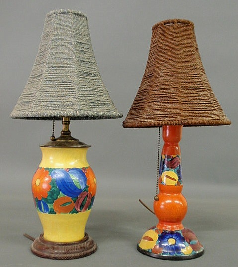 Appraisal: Two colorful Mrazek Czechoslovakian pottery lamps with beaded shades h