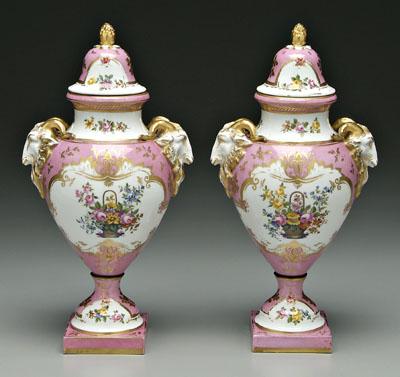 Appraisal: Pair Rockingham porcelain urns hand painted floral baskets on white