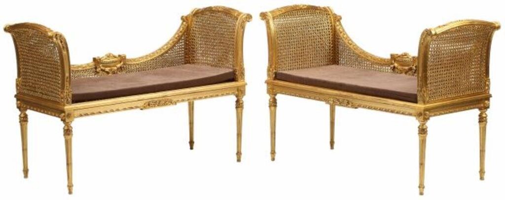 Appraisal: pair Louis XVI style caned window benches with cushions approx