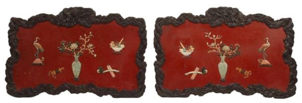 Appraisal: pair Framed Chinese plaques inlaid with semiprecious stones approx h