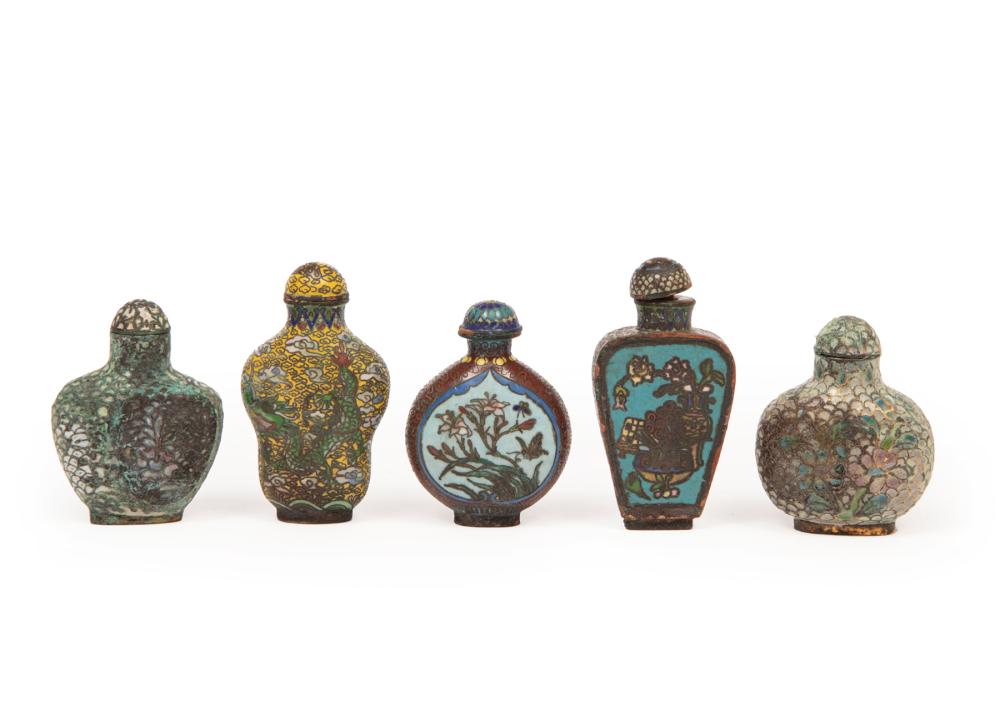 Appraisal: Five Chinese Cloisonne Enamel Snuff Bottles h in to in