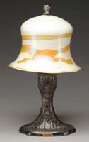 Appraisal: QUEZAL LAMP Wonderful Quezal boudoir lamp has bonnet shape shade