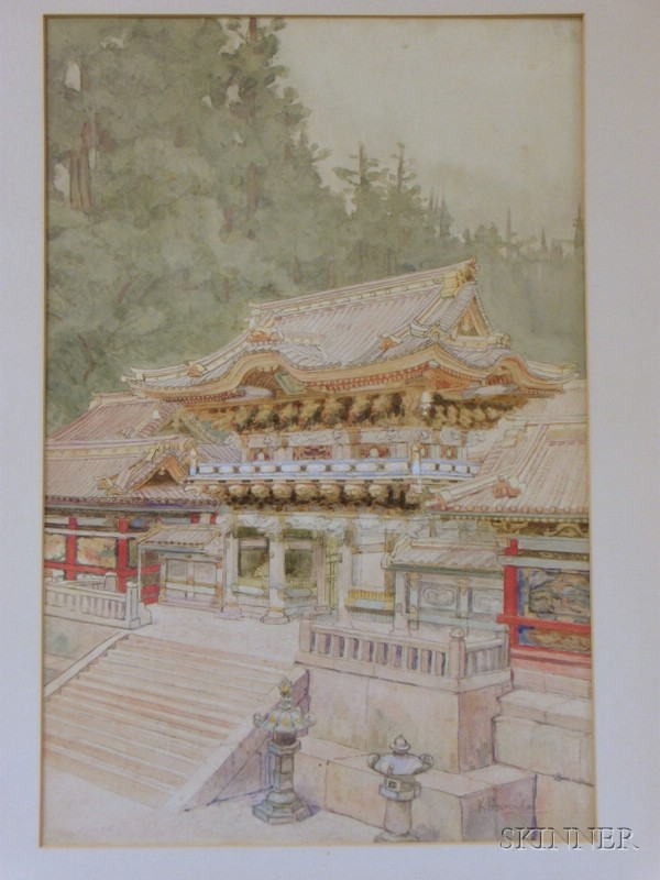 Appraisal: Watercolor on Paper Mounted on Board View of a Japanese