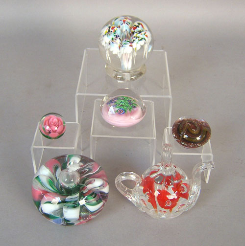 Appraisal: Six glass paperweights by Zimmerman Ron Hansen and St Clair