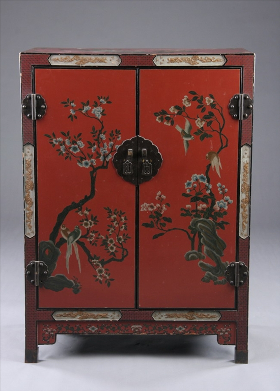 Appraisal: CHINESE RED LACQUER CABINET th century Rectangular outline with two