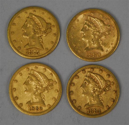 Appraisal: FOUR UNITED STATES LIBERTY HEAD FIVE DOLLAR GOLD COINS dated