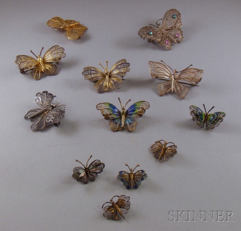 Appraisal: Twelve and Other Silver Filigree Butterfly-form Pins several with enamel