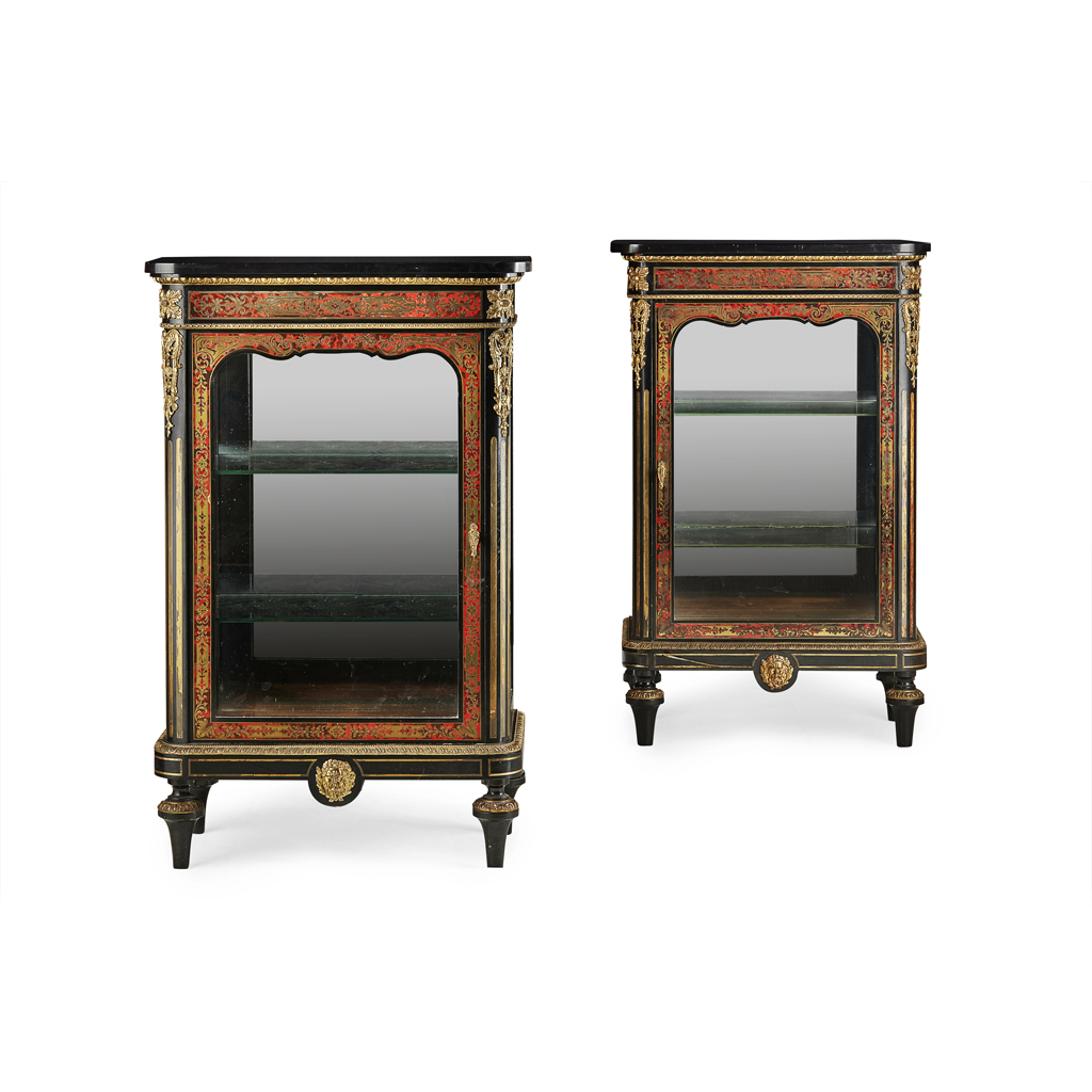 Appraisal: YPAIR OF VICTORIAN BOULLE MARQUETRY AND EBONISED VITRINES LATE TH