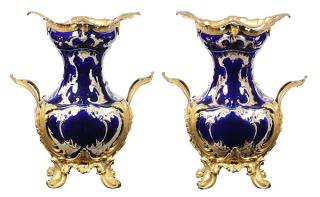 Appraisal: Pair of French gilt bronze mounted urns Pair of French