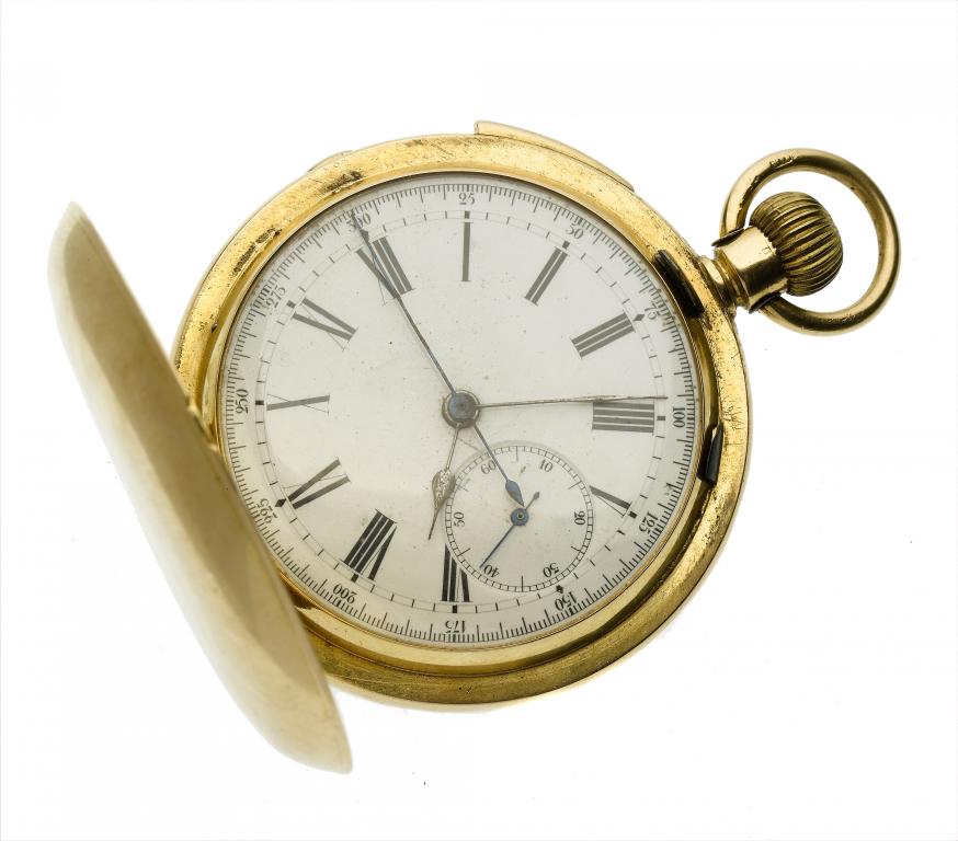 Appraisal: A SWISS GOLD KEYLESS LEVER HUNTING CASED REPEATING CHRONOGRAPH with