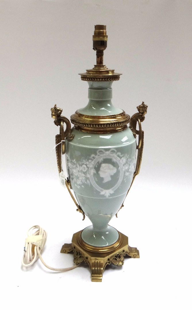 Appraisal: A pottery and ormolu mounted table lamp early th century