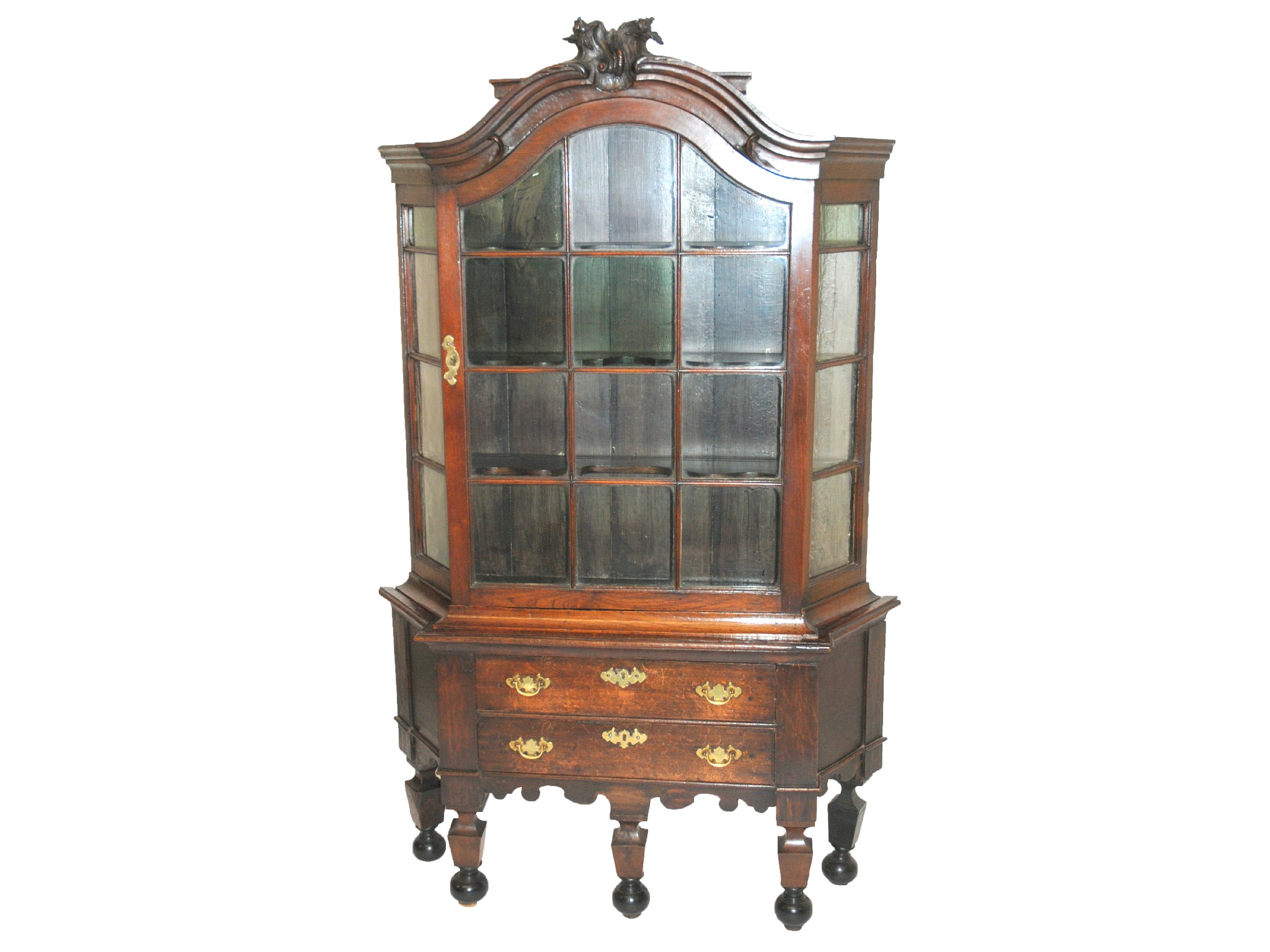 Appraisal: A William and Mary style oak display cabinetthe scroll surmount