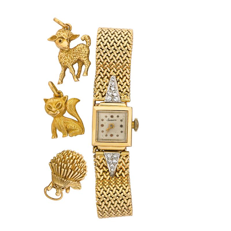 Appraisal: FRENCH K GOLD THREE CHARMS AND A WRISTWATCH Condition Report