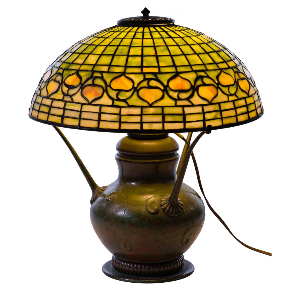 Appraisal: TIFFANY STUDIOS PATINATED BRONZE LAMP WITH LEADED ACORN SHADEc green